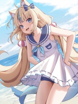 1girl animal_ears beach black_bow blonde_hair blue_eyes blue_hair bow cat_ears dress fins fish_girl fish_tail hair_bow highres indie_virtual_youtuber long_hair multicolored_hair ocean open_mouth sameko_saba sannmako shorts solo tail white_dress white_shorts