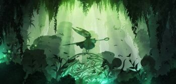 1girl arthropod_girl artist_logo artist_name bug cage colored_skin firefly full_body glowing green_theme highres hollow_eyes hollow_knight hollow_knight:_silksong horned_mask hornet_(hollow_knight) horns in-universe_location insect light_rays logo mask nature needle_(hollow_knight) no_humans outdoors scenery shade_of_a_cat solo standing weapon weapon_on_back wide_shot