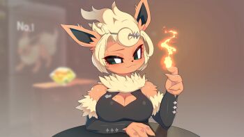 1girl :3 animal_ears animal_hands animal_nose bare_shoulders black_shirt black_sleeves blonde_hair blurry blurry_background blush body_fur breasts claws cleavage cleavage_cutout closed_mouth clothing_cutout colored_sclera detached_sleeves drunkoak evolution_stone evolutionary_stone female_focus fire fire_stone flareon furry furry_female gen_1_pokemon green_sclera hair_ornament hair_stick half-closed_eye hand_up highres large_breasts long_sleeves mature_female mole mole_on_breast neck_fur nintendo personification pokemon pokemon_(creature) pyrokinesis red_fur shirt short_hair sidelocks sitting smile solo table two-tone_fur uneven_eyes upper_body white_eyes yellow_fur