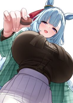1girl animal_ears aqua_jacket blue_hair blush braid breasts chocolate commentary_request crown_braid ear_ornament food herohero_(higashi_no_dou) highres holding holding_chocolate holding_food horse_ears horse_girl horse_tail huge_breasts incoming_food jacket long_hair long_sleeves looking_at_viewer mejiro_ardan_(umamusume) open_clothes open_jacket open_mouth plaid_clothes plaid_jacket pleated_skirt purple_eyes shirt_tucked_in simple_background skirt smile solo tail umamusume white_background white_skirt