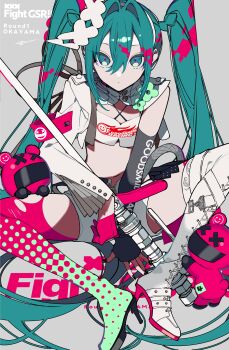 1girl absurdres aqua_eyes aqua_hair asymmetrical_clothes boots cleavage_cutout closed_mouth clothing_cutout crop_top english_text goodsmile_company goodsmile_racing hair_between_eyes hatsune_miku headband highres looking_at_viewer mochizuki_kei racing_miku racing_miku_(2025) simple_background single_boot solo thigh_boots twintails vocaloid white_boots white_headband