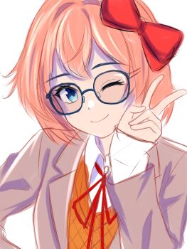 Rule 34 | 1girl, blazer, brown jacket, brown sweater vest, commentary request, doki doki literature club, doki doki literature club school uniform, eyelashes, grey jacket, jacket, looking at viewer, mitsuju shok, neck ribbon, one eye closed, orange sweater vest, orange vest, pink hair, red ribbon, ribbon, sayori (doki doki literature club), school uniform, simple background, smile, solo, sweater vest, v, vest, white background