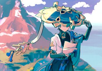 Rule 34 | 1boy, akaika (aka), animal print, armor, bird print, black bodysuit, black bow, black bridal gauntlets, black shorts, blue cape, blue hat, blue rope, blue sleeves, blunt ends, bodysuit, bow, bridal gauntlets, cape, cloud, cloudy sky, commentary request, covered collarbone, facing down, feathers, furisode, genshin impact, gold, gold ring, gold trim, grey hair, hakama, hakama shorts, hand up, hat, hat tip, highres, holding, holding paper, japanese armor, japanese clothes, jingasa, kimono, kote, kurokote, layered sleeves, male focus, middle ring, mountain, outdoors, paper, pleated shorts, pom pom (clothes), purple sky, rope, scaramouche (genshin impact), short sleeves, shorts, sidelighting, sky, solo, tassel, tilted headwear, upper body, wanderer (genshin impact), white sleeves, yellow feathers