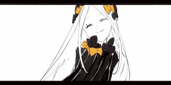 1girl abigail_williams_(fate) animated animated_gif black_dress black_eyes black_hat black_ribbon dress fate/grand_order fate_(series) grey_eyes hat keyhole long_hair looking_at_viewer monochrome pale_skin red_hat ribbon smile spinning staff very_long_hair white_background yellow_ribbon yorurokujuu