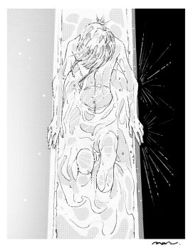 1other antarcticite bathtub border caustics commentary completely_nude from_above greyscale highres houseki_no_kuni knees_up lililin liquid monochrome nude other_focus partially_submerged short_hair signature sitting solo sparkle wet