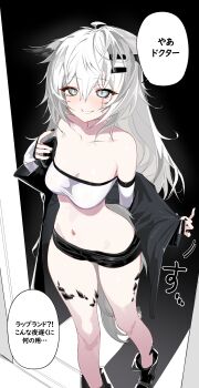 Rule 34 | 1girl, absurdres, animal ears, arknights, black jacket, black shorts, breasts, collarbone, commentary request, gloves, grey eyes, grey hair, grey tail, hair ornament, hairclip, highres, jacket, kinbakuman, lappland (arknights), long hair, material growth, medium breasts, micro shorts, midriff, navel, oripathy lesion (arknights), scar, scar across eye, scar on face, shorts, smile, solo, tail, translation request, undressing, wolf ears, wolf girl, wolf tail