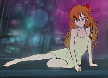 1girl aged_down barefoot blue_eyes dress female_focus loli long_hair looking_at_viewer lying neon_genesis_evangelion nioartist on_side red_hair smile smirk solo solo_focus souryuu_asuka_langley sundress tagme