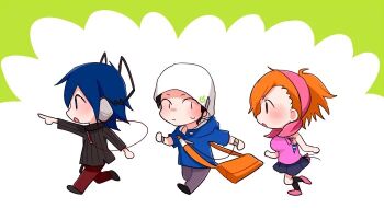 bag black_eyes blue_hair blue_jacket chibi devil_survivor_(series) green_background hat headband headphones jacket kihara_atsurou medetai orange_bag pants protagonist_(devil_survivor) red_eyes red_hair red_pants skirt tanigawa_yuzu white_background