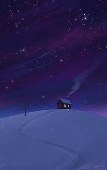 artist_name bare_tree cabin chimney hill landscape night no_humans original outdoors path road scenery signature sky smoke snow star_(sky) starry_sky tree window_light winter zandra