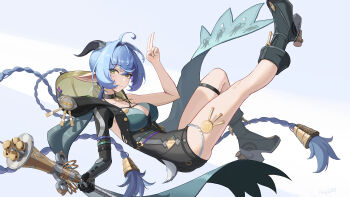 1girl absurdres ahoge artist_name black_boots black_choker black_horns blue_hair boots braid breasts chinese_commentary choker commentary_request grey_background highres holding holding_staff hood horns large_breasts legs light_smile long_hair looking_at_viewer lucia_elowen mechanical_arms pointy_ears sidelocks simple_background single_bare_arm single_mechanical_arm staff tail thigh_strap thighs twin_braids very_long_hair xiangyu_xiangyu yellow_eyes zenless_zone_zero
