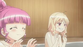 2girls agnes_boulange ahoge animated animated_gif bare_shoulders bath blonde_hair blunt_bangs blush body_blush breasts closed_eyes collarbone earrings female_focus grin indoors jewelry minette multiple_girls nipples pink_hair red_eyes same-sex_bathing screencap shared_bathing shiny_skin short_hair shukufuku_no_campanella small_breasts smile topless_female upper_body water