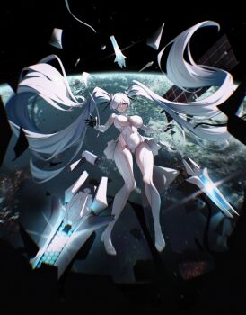 1girl absurdres armpit_cutout black_sky bodysuit breasts cinderella_(nikke) clothing_cutout commentary english_commentary expressionless falling full_body gloves goddess_of_victory:_nikke hair_over_one_eye highres large_breasts leg_cutout long_hair looking_at_viewer navel parted_lips red_eyes ru_yan see-through_clothes see-through_skirt skirt sky solo stomach_cutout twintails very_long_hair white_bodysuit white_hair