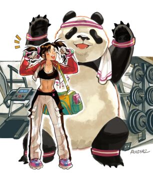 1girl :d absurdres alternate_costume bag black_hair breasts brown_eyes cleavage cropped_jacket gloves gym highres jacket ling_xiaoyu navel official_alternate_costume open_mouth panda panda_(tekken) pants pink_shoes red_jacket rica_diaz shoes signature smile sneakers tekken tekken_4 towel track_pants treadmill twintails weights white_gloves white_pants