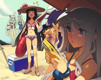 Rule 34 | 6+girls, alternate costume, animal ears, beach, bikini, blue bikini, blue eyes, blue hat, blue one-piece swimsuit, blush, boa (brianoa), bow, bow bikini, breasts, brown hat, cigarette, closed eyes, closed mouth, cloud, collarbone, commentary, cooler, day, english commentary, flip-flops, flower, fujiwara no mokou, grey hair, hair bow, hat, hat flower, highres, holding, holding swim ring, hood, hoodie, houraisan kaguya, inaba tewi, innertube, kamishirasawa keine, medium breasts, multicolored bikini, multiple girls, name tag, navel, notice lines, one-piece swimsuit, open clothes, open hoodie, open mouth, outdoors, purple bikini, purple hair, rabbit ears, rabbit girl, red bikini, red eyes, red flower, reisen udongein inaba, sand, sandals, school swimsuit, smile, smoking, stomach, straw hat, sweatdrop, swim ring, swimsuit, thigh strap, toes, touhou, twitter username, two-tone bikini, white bikini, yagokoro eirin