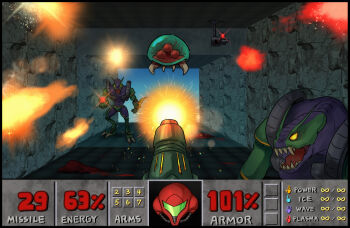 1girl arm_cannon assault_visor commentary_request doom_(series) doom_i fake_screenshot fangs firing green_visor heads-up_display metroid metroid_(creature) metroid_prime_1 nintendo parody power_suit_(metroid) samus_aran space_pirate_(metroid) user_interface wakaba_(wata_ridley) weapon yellow_eyes