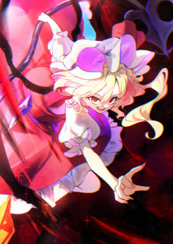 Rule 34 | 1girl, absurdres, blonde hair, calpis118, commentary request, crystal, crystal wings, flandre scarlet, frilled skirt, frills, hat, hat ribbon, highres, holding, holding weapon, laevatein (touhou), long hair, looking at viewer, mob cap, one side up, open mouth, pink nails, puffy short sleeves, puffy sleeves, red eyes, red skirt, red vest, ribbon, short sleeves, skirt, skirt set, smile, solo, teeth, touhou, upper teeth only, vest, weapon, white hat, wings