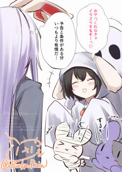 2girls :3 animal_ears black_hair blush carrot_necklace closed_eyes commentary_request floppy_ears ghost_costume halloween highres inaba_mob_(touhou) inaba_tewi jewelry long_hair looking_at_another multiple_girls necklace open_mouth purple_hair rabbit rabbit_ears rabbit_girl reisen_udongein_inaba sheet_ghost short_hair simple_background touhou translation_request upper_body usaka_ray white_background