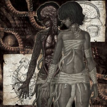 4too_m0 anatomy bandaged_arm bandaged_chest bandaged_neck bandaged_wrist bandages brain collarbone cross-section diagram guro highres intestines liver lungs naked_bandage navel organs original short_hair teeth veins