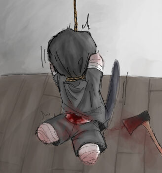 1boy aged_down amputated amputated_arm amputation amputee artist_request asphyxiation axe belly blood blood_trail bound cat cat_tail corpse cover covering_head covering_privates cutting death disembodied_arm disembodied_leg dismembered dismemberment dying guro hanging imminent_death male male_focus male_gore necrophilia original severed_arm severed_leg severed_limb shirt shorts shota snuff solo solo_focus suspension t-shirt tail