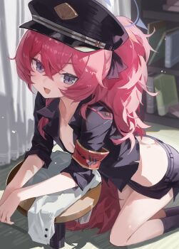 1girl absurdres alternate_hairstyle ankle_socks armband black_hat black_skirt black_socks blue_archive blush book bookshelf breasts cleavage collarbone crossed_bangs curtains double-parted_bangs fang5hine grey_eyes hair_between_eyes hair_over_shoulder halo hat highres indoors iroha_(blue_archive) jacket kneeling leaning_forward long_hair looking_at_viewer messy_hair midriff military_hat military_jacket miniskirt open_mouth peaked_cap plain_epaulettes ponytail red_armband red_hair shirt side_slit sidelocks skirt sleeves_rolled_up smile socks solo unworn_shirt very_long_hair white_shirt