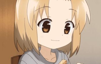 1girl a_channel animated animated_gif brown_eyes brown_hair chair closed_eyes closed_mouth collarbone dot_nose eating female_focus food fork happy holding holding_fork indoors medium_hair momoki_run open_mouth pancake sitting smile solo utensil utensil_in_mouth