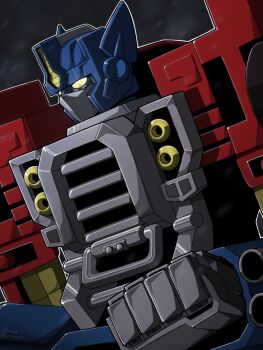 cpqa5 helmet highres humanoid_robot machine mask mecha mecha_focus mouth_mask no_humans optimus_prime robot science_fiction transformers transformers_armada transformers_unicron_trilogy yellow_eyes