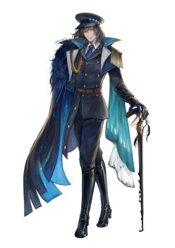 1boy absurdres alternate_costume black_boots black_coat blue_eyes boots cane coat commentary english_commentary epaulettes fate/grand_order fate_(series) full_body hat high_collar highres holding holding_cane male_focus military_coat oberon_(fate) oberon_(third_ascension)_(fate) parted_lips peaked_cap renrenka_noi solo