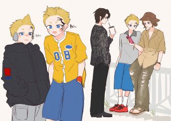 against_railing baseball_jersey black_jacket black_pants black_shirt black_shoes blonde_hair blue_eyes blue_shorts blush brown_hair brown_hat brown_pants brown_shirt bucket_hat cellphone down_jacket earmuffs facial_tattoo final_fantasy final_fantasy_viii grey_pants grey_shirt hair_bun hands_in_pockets hat highres holding holding_phone irvine_kinneas jacket jersey kahok looking_at_phone multiple_boys pants phone polo_shirt railing red_shoes sandals shirt shoes short_hair shorts smartphone sneakers socks squall_leonhart tattoo torn_clothes torn_pants white_socks wristband yellow_shirt zell_dincht