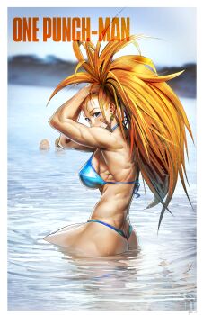 1girl 2boys absurdres bald bandaid bandaid_on_cheek bandaid_on_face bikini blonde_hair blue_bikini breasts butt_crack captain_mizuki commentary earrings english_commentary genos highres jewelry lake large_breasts long_hair looking_at_viewer multiple_boys muscular muscular_female one-punch_man orange_hair partially_submerged rido9 saitama_(one-punch_man) short_hair sideboob sitting solo_focus swimsuit tying_hair wet