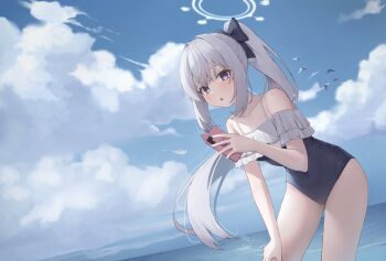 1girl :o absurdres bare_shoulders blue_archive blue_bow blue_hair blue_halo blue_one-piece_swimsuit blue_sky blush bow cloud cloudy_sky commentary_request contrapposto cowboy_shot frilled_one-piece_swimsuit frills hair_bow halo hand_on_own_thigh highres holding holding_phone korean_commentary leaning_forward light_blue_hair long_hair looking_at_viewer miyako_(blue_archive) miyako_(swimsuit)_(blue_archive) ocean off-shoulder_one-piece_swimsuit off_shoulder official_alternate_costume official_alternate_hairstyle one-piece_swimsuit open_mouth phone purple_eyes side_ponytail sky solo springrain_06 swimsuit very_long_hair wading