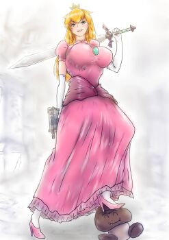 1girl absurdres blonde_hair blue_eyes breasts dress feet goomba gun high_heels highres large_breasts legs long_hair looking_at_viewer mario_(series) nintendo parted_lips princess princess_peach smile solo sword teeth thighs weapon