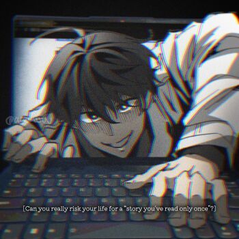 1boy absurdres ahoge areuwuu black_eyes black_hair black_shirt bright_pupils caption climbing coat collared_shirt computer distortion english_text evil_grin evil_smile fourth_wall glitch grin hair_between_eyes highres kim_dokja laptop looking_at_viewer male_focus omniscient_reader&#039;s_viewpoint open_clothes open_coat partially_shaded_face shirt short_hair smile solo source_quote through_medium through_screen upper_body white_coat white_pupils