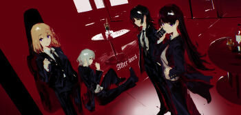 4girls absurdres bang_dream! bang_dream!_it's_mygo!!!!! black_jacket black_necktie black_pants blonde_hair blue_eyes commentary guitar_case highres instrument_case instrument_on_back jacket kaname_raana lemtun long_hair looking_at_viewer medium_hair misumi_uika mole mole_under_eye multiple_girls necktie pants purple_eyes red_background shiina_taki short_hair sitting standing white_hair yahata_umiri