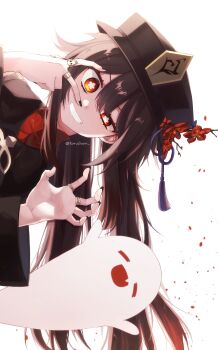 1girl absurdres black_nails boo_tao_(genshin_impact) brown_hair chinese_commentary claw_pose commentary_request flower flower-shaped_pupils genshin_impact ghost grin hair_between_eyes hat hat_tassel highres hu_tao_(genshin_impact) jewelry korean_commentary long_hair long_sleeves looking_at_viewer mixed-language_commentary multiple_rings plum_blossoms ring ryeong simple_background smile solo symbol-shaped_pupils twitter_username v v_over_eye white_background wide_sleeves