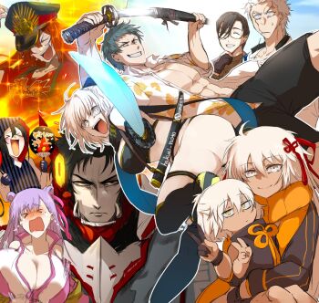 >_< 1other 4girls 5boys :/ :d ^_^ abs ahoge bent_over bikini black_bikini black_bow black_eyes black_gloves black_hair black_jacket black_scarf black_swim_trunks blonde_hair blue_sky blush bow breasts brown_hair brown_kimono buster_shirt carrying carrying_person chaldea_u-summer_island cleavage closed_eyes closed_mouth clothing_cutout collared_shirt constricted_pupils crest cropped_jacket crying d: double_bun dx exoskeleton facial_scar facing_viewer family_crest fate/grand_order fate_(series) fire glasses gloves grey_hair grin group_picture hair_between_eyes hair_bow hair_bun hair_over_one_eye hair_pulled_back hair_ribbon hair_slicked_back hakusi_noto half_updo hand_fan hat hawaiian_shirt highleg highleg_bikini highres hijikata_toshizou_(dream_portrait)_(fate) hijikata_toshizou_(fate) holding holding_sheath holding_sword holding_weapon hood hoodie huge_breasts jacket japanese_clothes katana kimono large_breasts layered_bikini letterman_jacket long_hair long_sleeves looking_at_viewer medium_breasts military_hat multiple_boys multiple_girls nagakura_shinpachi_(fate) navel nose_blush oda_nobukatsu_(fate) oda_nobukatsu_(second_ascension)_(fate) oda_nobunaga_(fate) oda_nobunaga_(swimsuit_berserker)_(fate) oda_nobunaga_(swimsuit_berserker)_(first_ascension)_(fate) oda_nobunaga_(swimsuit_berserker)_(third_ascension)_(fate) oda_uri okita_j._souji_(fate) okita_j._souji_(first_ascension)_(fate) okita_souji_(fate) okita_souji_alter_(swimsuit_saber)_(fate) okita_souji_alter_(swimsuit_saber)_(first_ascension)_(fate) open_clothes open_mouth open_shirt orange_scarf paper_fan partially_fingerless_gloves partially_unzipped passionlip_(swimsuit_saber)_(first_ascension)_(fate) passionlip_(fate) peaked_cap pectorals pink_jacket pink_ribbon pointing_melee_weapon power_suit purple_hair red_bow red_hair red_shirt rengoku_(fate) rengoku_(first_ascension)_(fate) ribbon saitou_hajime_(fate) saitou_hajime_(the_grinning_man_of_the_beach)_(fate) sanpaku scar scar_on_cheek scar_on_face scarf sheath shinsengumi_(fate) shirt short_hair short_sleeves shoulder_cutout shrug_(clothing) sky sleeveless sleeveless_hoodie slit_pupils smile sparkle striped_clothes striped_hood striped_hoodie sunlight sweatdrop swimsuit sword tassel thighhighs toned toned_female uchiwa unsheathing v very_long_hair weapon white_hair white_shirt xd yamanami_keisuke_(fate) yellow_eyes zipper zipper_pull_tab