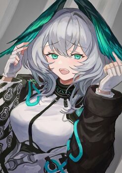 Rule 34 | 1girl, aqua eyes, arknights, black coat, breasts, coat, fangs, gloves, grey background, grey hair, hashtag-only commentary, head wings, ho'olheyak (arknights), jpeg artifacts, large breasts, long hair, long sleeves, looking at viewer, open clothes, open coat, revision, solo, teeth, touchika, upper body, upper teeth only, white gloves, wings