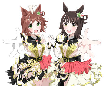2girls absurdres abyss_kpn_(ki) ahoge animal_ears blush breasts brown_eyes brown_hair gloves green_eyes hair_between_eyes hair_ornament highres holding_hands horse_girl kojima_nanae medium_breasts medium_hair multiple_girls open_mouth reaching reaching_towards_viewer real_life rhein_kraft_(umamusume) simple_background star_(symbol) star_hair_ornament umamusume voice_actor white_background