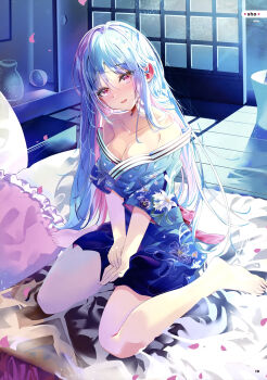 1girl :d absurdres armpit_crease artist_name barefoot blue_hair blue_kimono blush breasts cleavage collarbone dengeki_moeoh falling_petals floral_print floral_print_kimono futon hair_between_eyes head_tilt highres indoors japanese_clothes kimono kimono_pull long_hair looking_at_viewer magazine_scan medium_breasts moonlight multicolored_hair open_mouth original own_hands_together page_number petals pillow pink_eyes pink_hair pink_petals print_kimono scan shiny_skin sho_(runatic_moon) short_kimono short_sleeves shouji sitting sliding_doors smile solo sweatdrop third-party_source two-tone_hair wariza wooden_floor