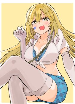1girl :d absurdres blonde_hair blue_bra blue_skirt border bra bra_peek breasts cleavage collared_shirt crossed_legs elbow_gloves fang frogboxed gloves hair_between_eyes highres invisible_chair large_breasts long_hair looking_at_viewer official_alternate_costume open_mouth plaid_clothes plaid_skirt shirt shokuhou_misaki short_sleeves sitting skin_fang skirt smile solo sparkling_eyes star_(symbol) star_sticker sticker sticker_on_face thighhighs tied_shirt toaru_kagaku_no_mental_out toaru_kagaku_no_railgun toaru_majutsu_no_index underwear very_long_hair white_border white_gloves white_shirt white_thighhighs yellow_background