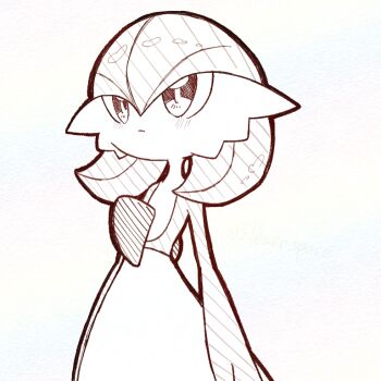 Rule 34 | 1girl, arm at side, blush, bob cut, closed mouth, expressionless, female focus, flat chest, gardevoir, gen 3 pokemon, gradient background, hair between eyes, heart, looking afar, monochrome, nintendo, pokemon, pokemon (creature), rainbow background, short hair, simple background, solo, standing, yuri (fl0werspace)