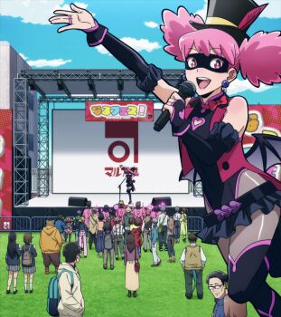 1girl 6+others anime_screenshot black_gloves black_leotard black_skirt boku_no_hero_academia breasts clothing_cutout day demon_wings earrings eye_mask fake_wings fingerless_gloves flying gloves grey_pantyhose haneyama_kazuho hat heart_cutout highleg highleg_leotard highres jacket jewelry leotard looking_at_another looking_at_viewer mask miniskirt multiple_boys multiple_girls multiple_others open_mouth outstretched_arm pantyhose pink_eyes pink_hair red_jacket ryona scenery skirt smile standing standing_on_one_leg third-party_edit twintails vigilante_-boku_no_hero_academia:_illegals- wavy_mouth wings