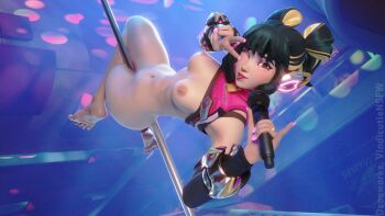 1girl 3d absurdres artist_collaboration artist_name barefoot black_hair blender_(medium) blonde_hair blue_background bottomless bracelet breasts breasts_out brown_eyes clothes_lift commentary detached_sleeves dzooworks english_commentary fearless_juno feet full_body headphones highres holding holding_microphone indoors jewelry juno_(overwatch) looking_at_viewer microphone multicolored_hair navel nipples official_alternate_costume one_eye_closed overwatch pink_nails pink_shirt pole pole_dancing shirt shirt_lift sleeveless sleeveless_shirt soles solo thighs toes tongue tongue_out twintails two-tone_hair v v_over_eye vindicutie