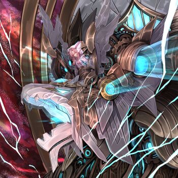 1girl absurdres animal_ears braid closed_mouth cotton_izanai&#039;s_prophecy duel_masters electricity fake_animal_ears fusion glowing glowing_eyes gradient_background highres low_twin_braids mecha_musume mechanization pink_hair red_eyes restrained robot sad sakupanda. solo striped_clothes twin_braids vertical-striped_clothes