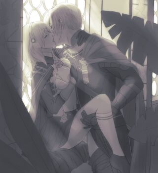 Rule 34 | 1boy, 1girl, breast press, breasts, cape, commentary, couple, dimitri alexandre blaiddyd, english commentary, female byleth (academy) (fire emblem), female byleth (awakened) (fire emblem), female byleth (fire emblem), fire emblem, fire emblem: three houses, french kiss, garreg mach monastery uniform, hetero, highres, karini, kiss, kneehighs, large breasts, medium hair, nintendo, shoes, short hair, socks, standing, white socks