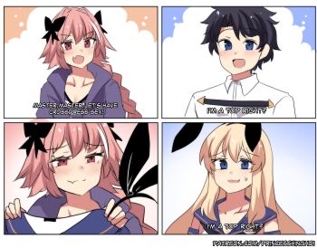 Rule 34 | 2boys, absurdres, astolfo (fate), black ribbon, blonde hair, blue eyes, blush, braid, comic, cosplay, crossdressing, crossdressing (mtf), english text, fang, fate/grand order, fate (series), fujimaru ritsuka (male), hair ribbon, highres, hinghoi, josou seme, kantai collection, long hair, male focus, meme, multiple boys, nervous smile, official alternate costume, open mouth, pink hair, red eyes, ribbon, shimakaze (kancolle), shimakaze (kancolle) (cosplay), skin fang, smile, smug, star wars, star wars: attack of the clones, sweatdrop, trap