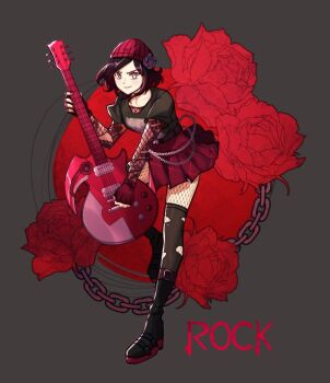 1girl alternate_costume beanie belt black_belt black_boots black_hair black_shirt boots chain closed_mouth commentary de_b0o electric_guitar english_commentary english_text fingerless_gloves fishnet_pantyhose fishnets flower full_body gloves grey_eyes guitar hat holding holding_guitar holding_instrument instrument multicolored_hair nail_polish pantyhose red_flower red_gloves red_hair red_hat red_rose red_skirt rose ruby_rose rwby shirt short_sleeves skirt smile solo thighhighs thighhighs_over_pantyhose torn_clothes torn_thighhighs two-tone_hair v-shaped_eyebrows