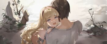 1boy 1girl artist_request back bare_shoulders blonde_hair blunt_bangs blunt_sidelocks brown_hair brown_headband brown_ribbon clinging collar commander_(last_origin) crying dress drill_hair fingerless_gloves frilled_dress frilled_gloves frills from_behind game_cg gloves grey_eyes hair_ribbon headband highres last_origin lower_teeth_only maria_rioboros moss muscular muscular_male non-web_source official_art open_mouth outdoors ribbon shirt short_hair sidelocks standing teeth tongue tree white_collar white_dress white_gloves white_shirt