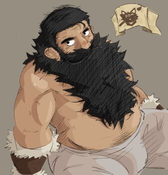 1boy absurdres bara beard beard_over_mouth belly brown_hair bulge dom_doggo dungeon_meshi dwarf facial_hair fat fat_man full_beard highres long_beard looking_to_the_side male_focus mature_male muscular muscular_male mustache navel_hair pectorals senshi_(dungeon_meshi) solo strongman_waist sweat thick_beard thick_eyebrows thick_mustache topless_male very_long_beard