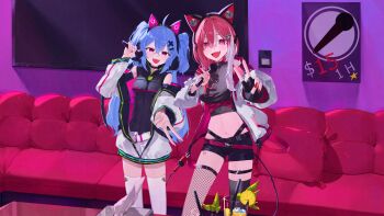 2girls absurdres ahoge animal_ear_headphones animal_ears asymmetrical_legwear belly belt blue_hair cat_ear_headphones cat_ears chiaki_katsumi choker commission couch cup drinking_glass drinking_straw fake_animal_ears fang fishnet_thighhighs fishnets hair_ornament hairclip headphones highres hood hoodie indoors jacket jewelry knee_up knees_up long_hair looking_at_viewer lyko_lianna microphone monitor multicolored_hair multiple_girls navel open_mouth pants pendant pillow pink_eyes pink_hair pixellink pizepize00 red_eyes screen shorts table thighhighs thighs v4mirai virtual_youtuber x_hair_ornament