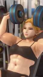 1girl 3d abs animated armpits arms_up ass audible_music blonde_hair blue_eyes breasts dumbbell exercising female_focus flexing indoors interior muscular muscular_arms muscular_back muscular_female muscular_legs n-nurico nail_polish navel nintendo pointy_ears princess_zelda short_hair small_breasts solo sound sweat tagme the_legend_of_zelda thick_thighs thighs updo video